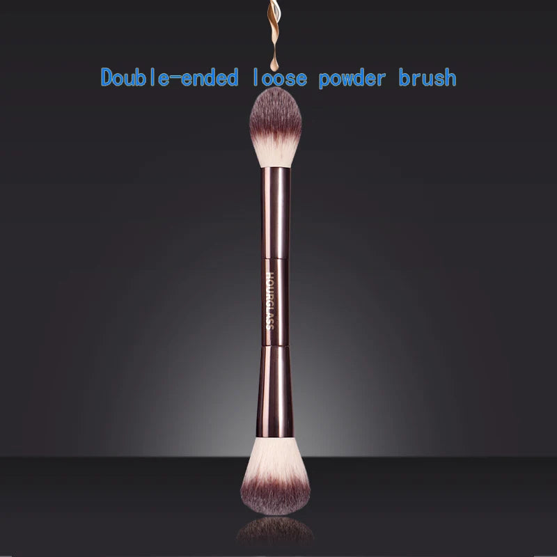 Brocha de maquillaje, brocha para polvos, brocha para colorete, brocha para polvos sueltos, exquisito mango de metal profesional, diseño de doble cabezal, con caja